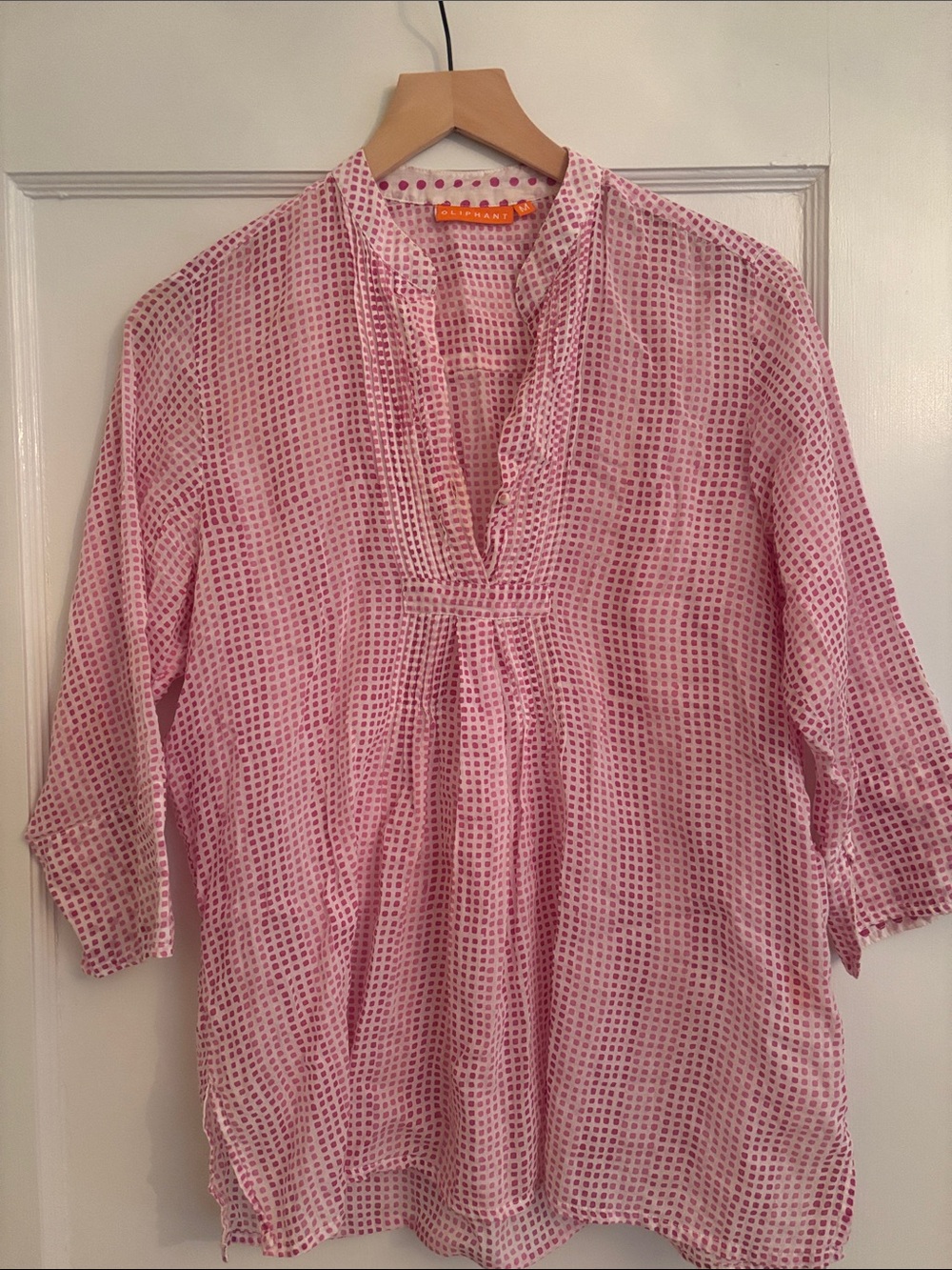 Oliphant Pink and White Dot-Grid V-Neck Tunic